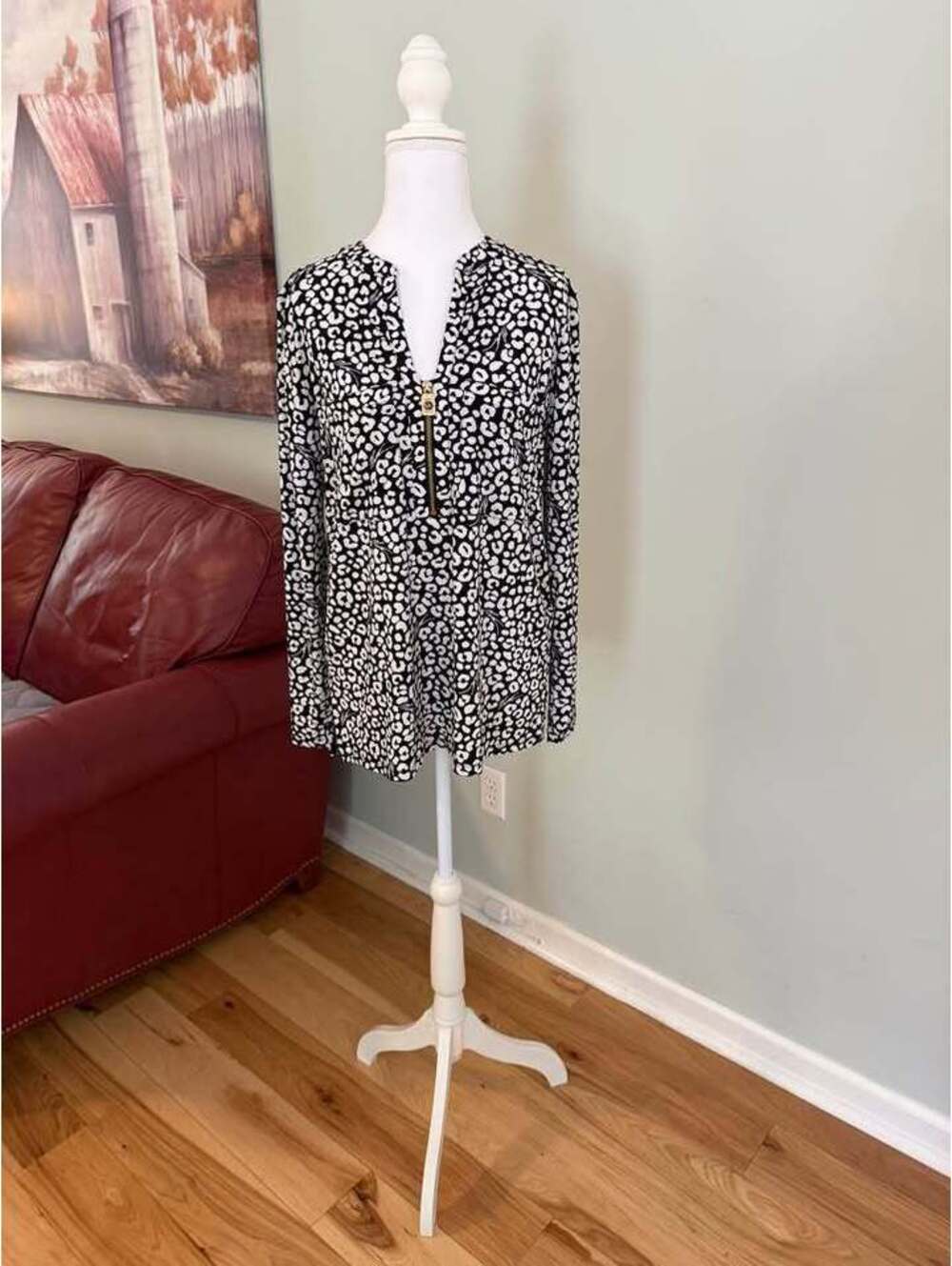 Michael Kors Leopard Print Quarter-Zip Top, Size M